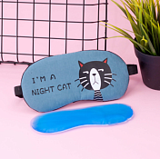 Маска для сна "I am night cat" 19х9см с охлаждающим гелем, цв.голубой